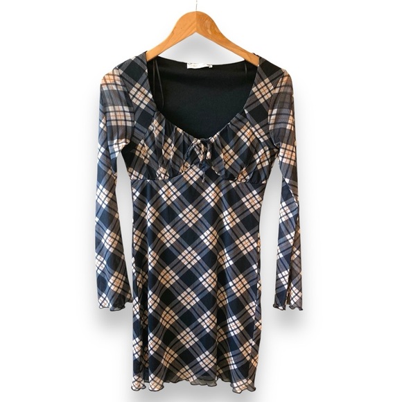 Primark Y2K Plaid Bodycon Mesh Mini Dress Empire Waist Flare Sleeves Size 4 - Picture 3 of 11